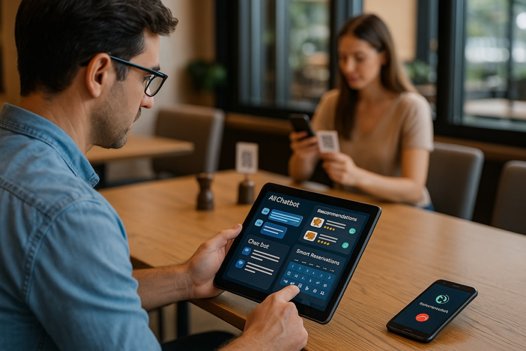 Hombre haciendo uso del chatbot en restaurante