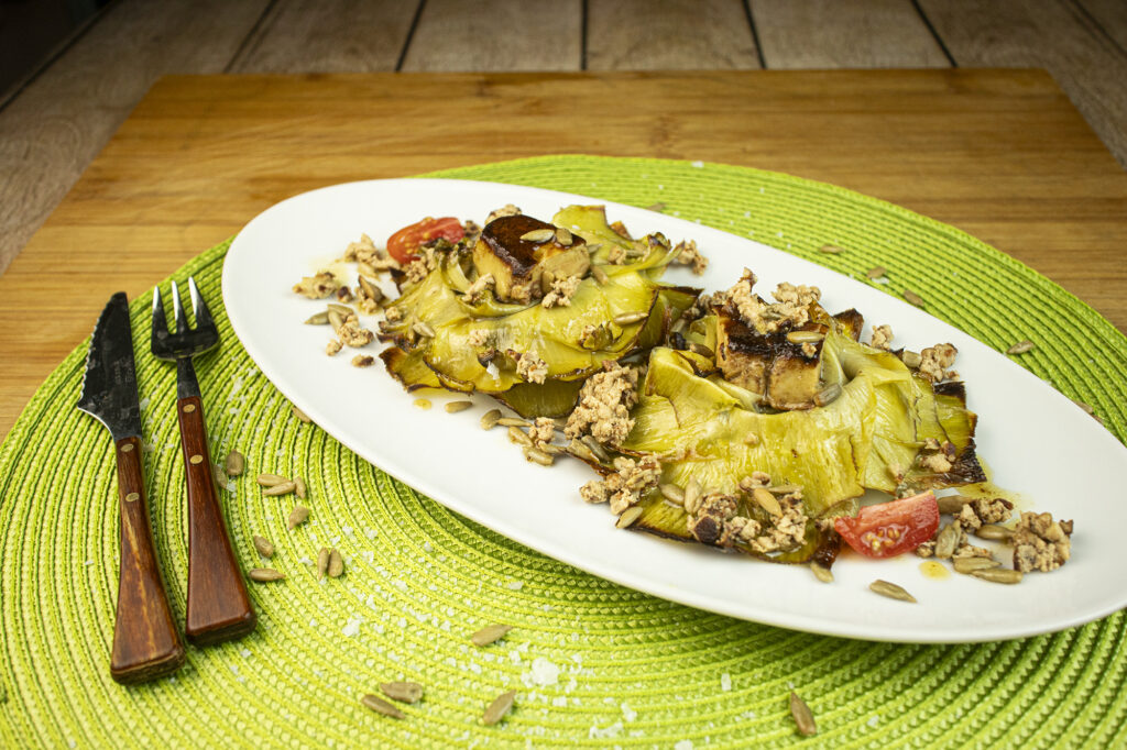 flores de alcachofas confitadas con foie